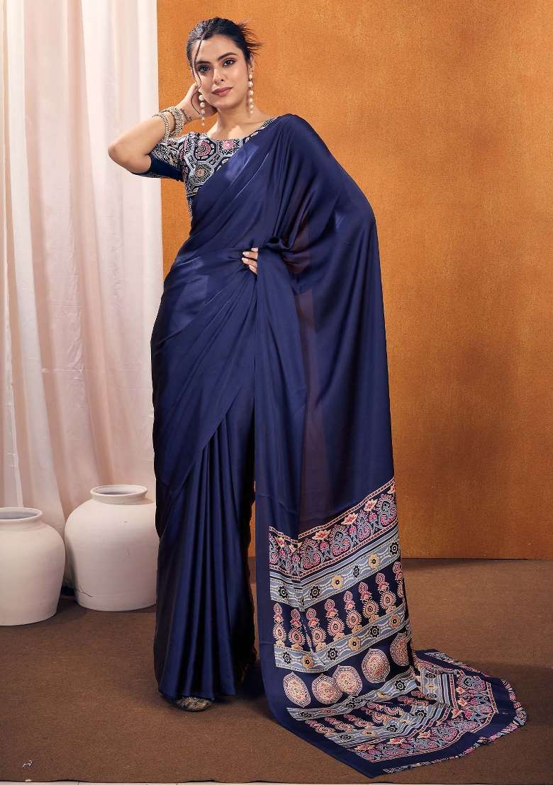 Navy Blue Blend Satin Silk Saree Set with Printed for Diwali | Wedding & Festive Wear - Indya