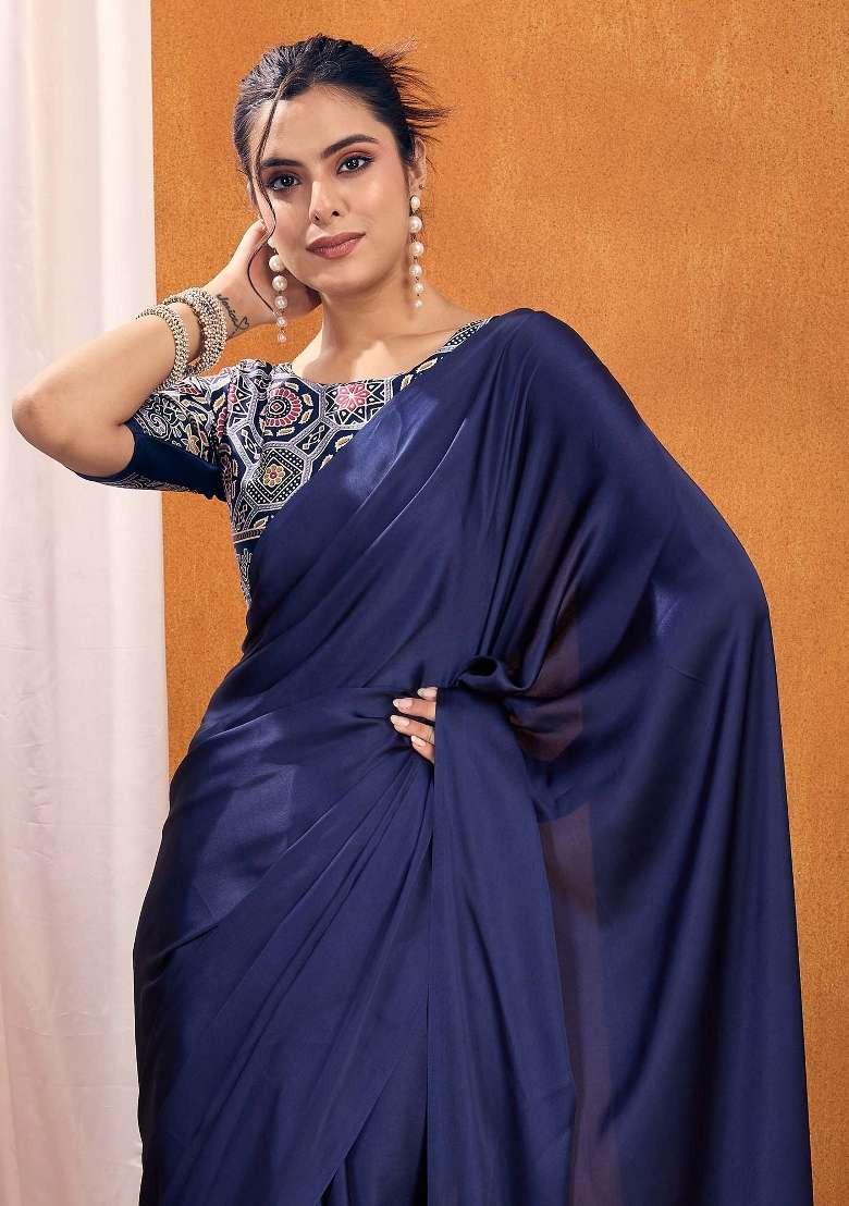 Navy Blue Blend Satin Silk Saree Set with Printed for Diwali | Wedding & Festive Wear - Indya