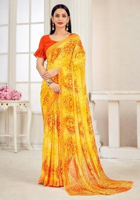 Orange Printed Georgette Saree Set