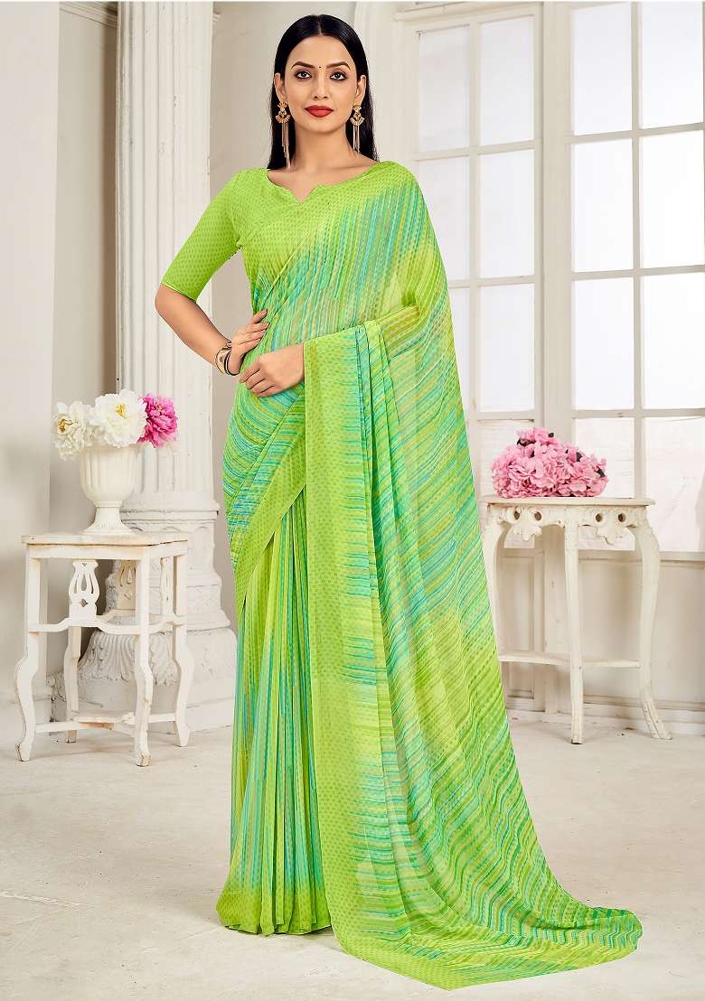 Light Green Printed Georgette Saree Set - Indya