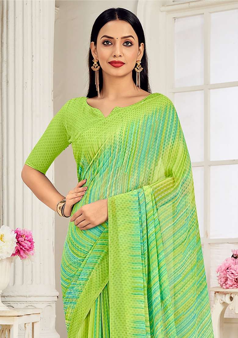 Light Green Printed Georgette Saree Set - Indya