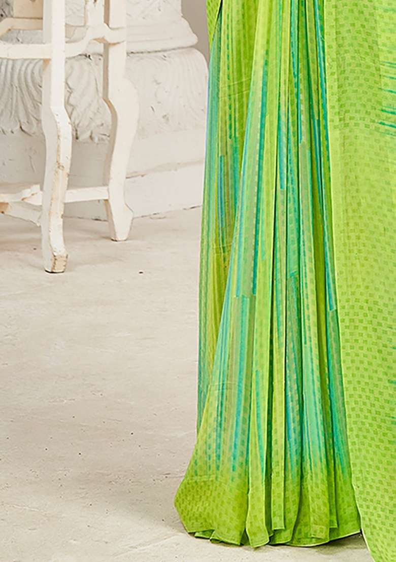 Light Green Printed Georgette Saree Set - Indya