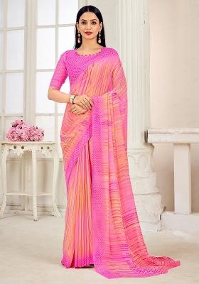 Peach Printed Georgette Saree Set