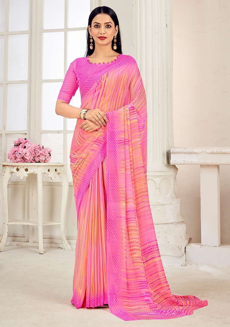 Peach Printed Georgette Saree Set - Indya