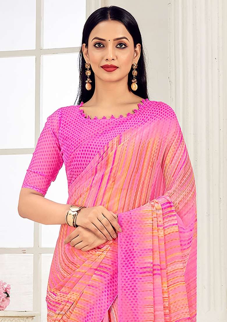 Peach Printed Georgette Saree Set - Indya