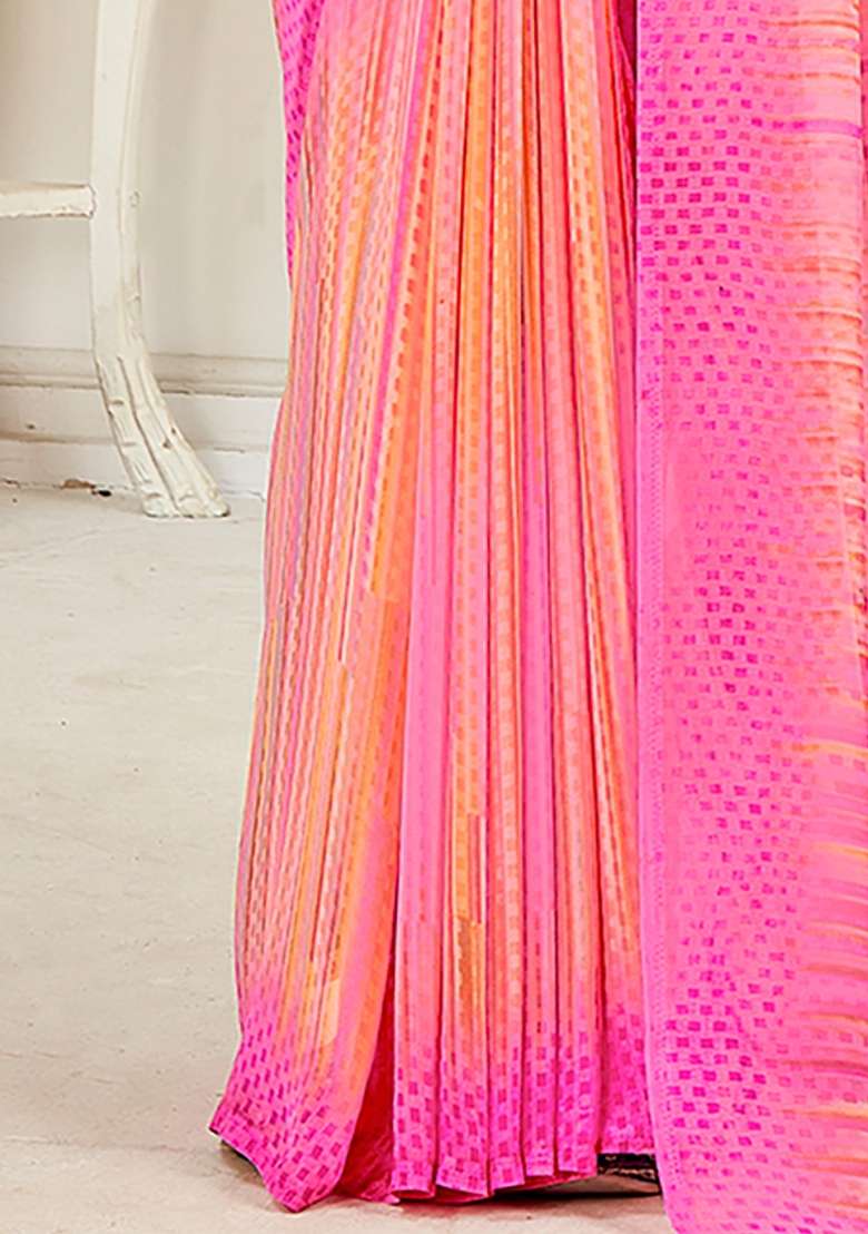 Peach Printed Georgette Saree Set - Indya