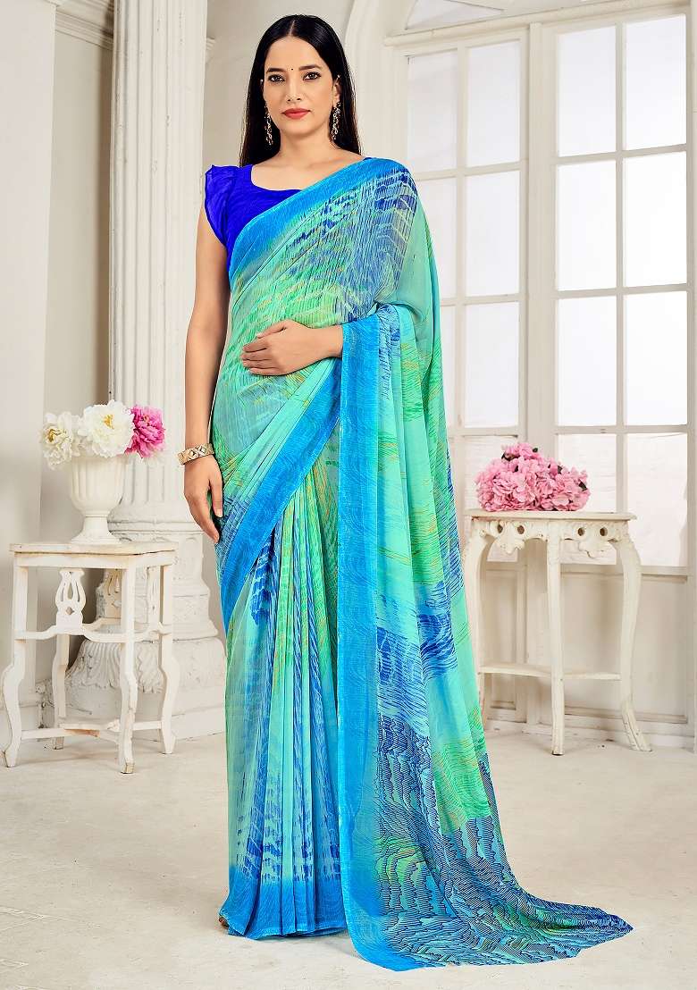 Light Blue Printed Georgette Saree Set - Indya