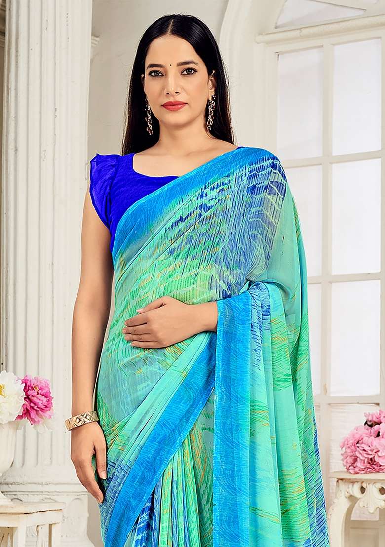 Light Blue Printed Georgette Saree Set - Indya