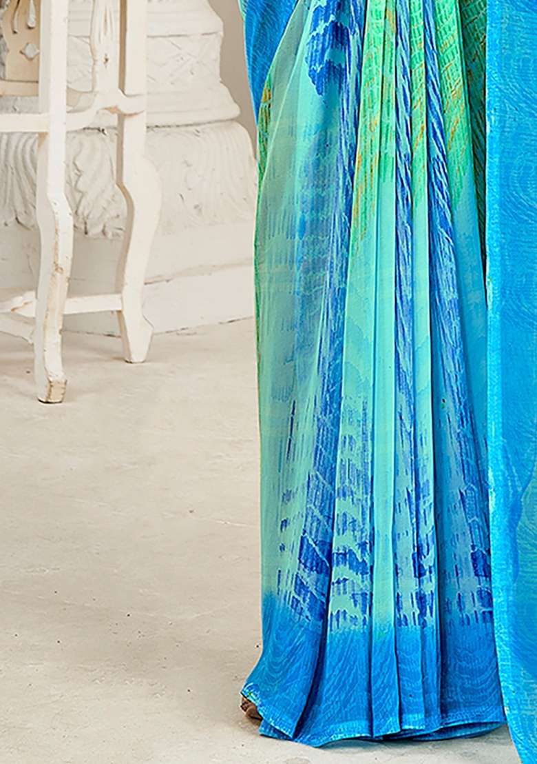 Light Blue Printed Georgette Saree Set - Indya