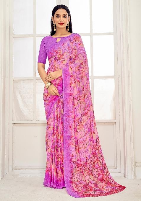 Pink Printed Georgette Saree Set