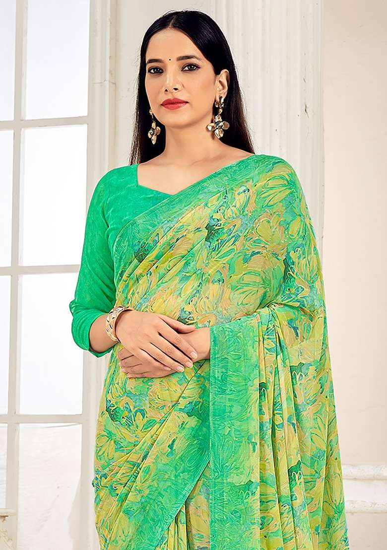 Yellow Printed Georgette Saree Set - Indya