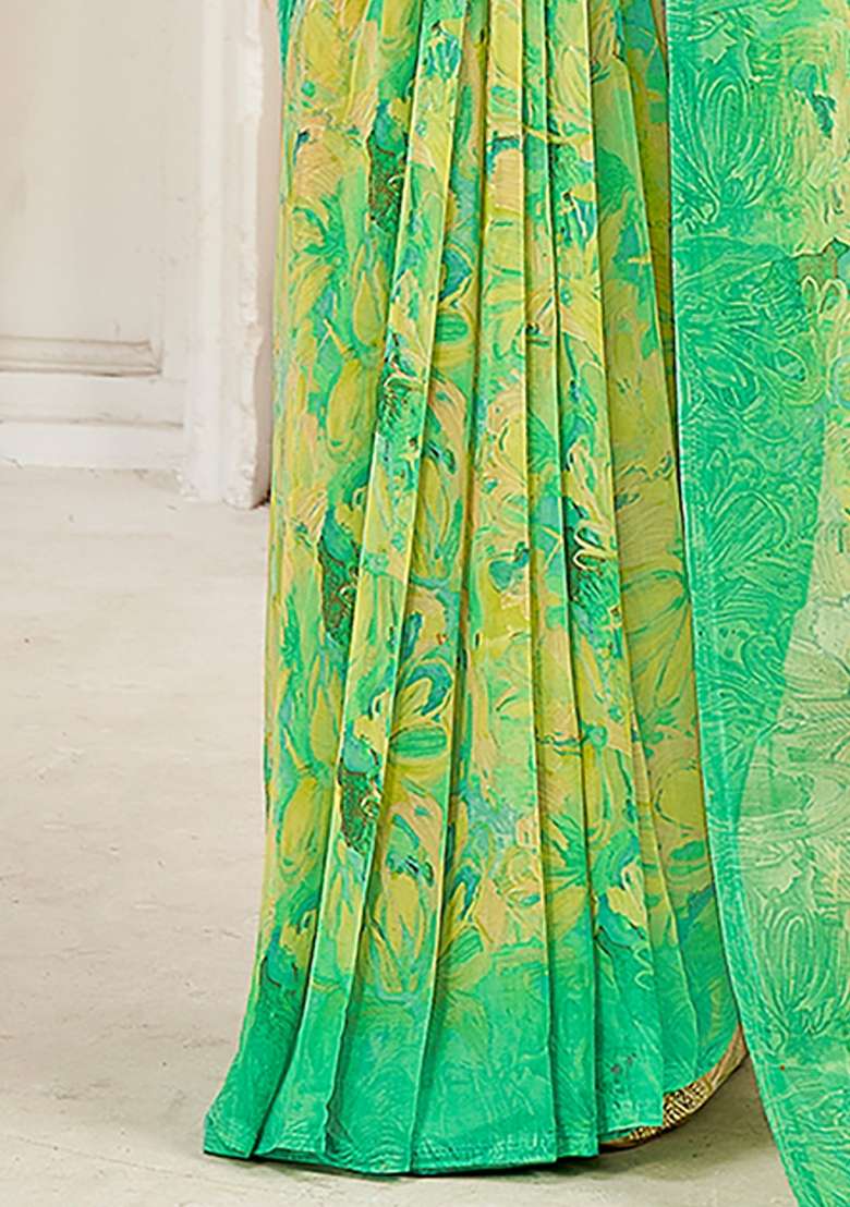 Yellow Printed Georgette Saree Set - Indya