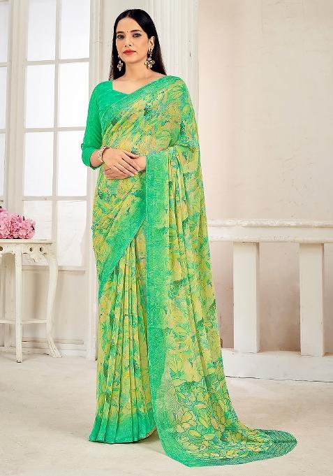 Yellow Printed Georgette Saree Set — view on Indya