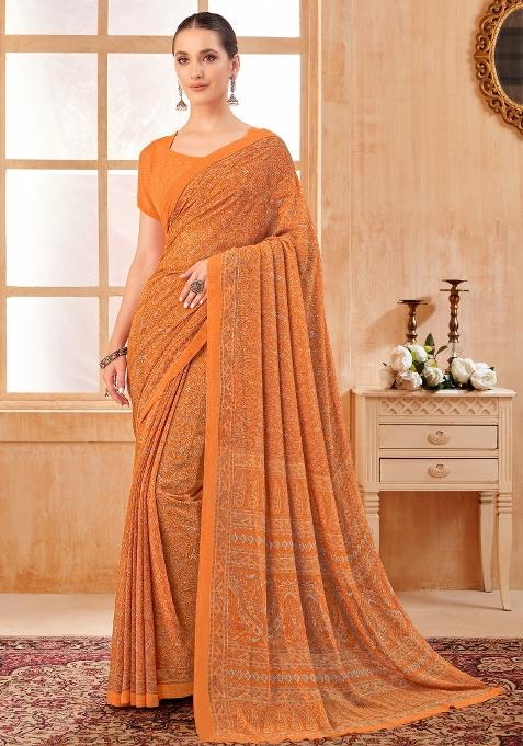 Orange Printed Georgette Saree Set — view on Indya