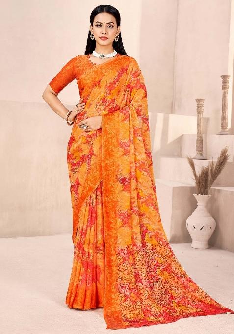 Orange Printed Chiffon Saree Set — view on Indya