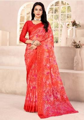 Red Printed Chiffon Saree Set