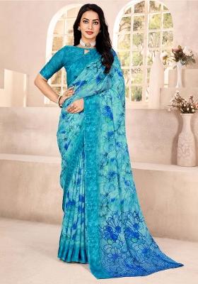 Light Blue Printed Chiffon Saree Set