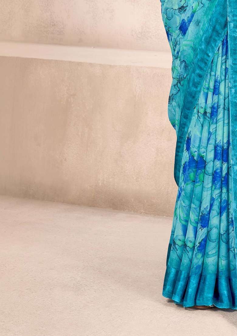 Light Blue Printed Chiffon Saree Set for Diwali and Festive Wear - Indya