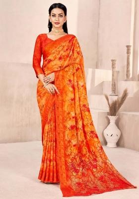 Orange Printed Chiffon Saree Set