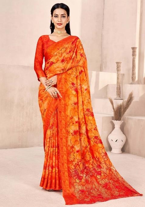 Orange Printed Chiffon Saree Set — view on Indya