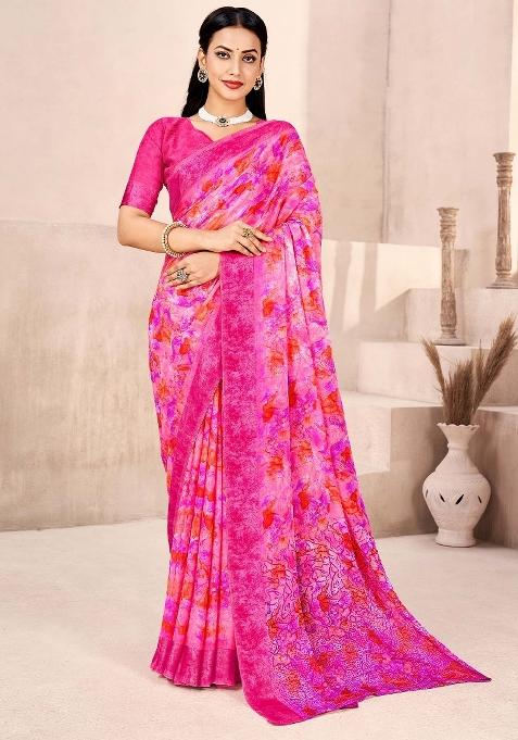 Pink Printed Chiffon Saree Set — view on Indya