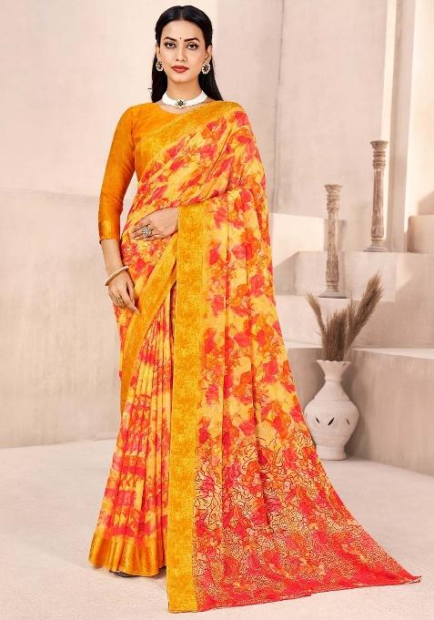 Yellow Printed Chiffon Saree Set — view on Indya