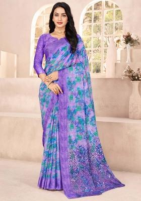 Lavender Printed Chiffon Saree Set