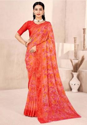 Orange Printed Chiffon Saree Set
