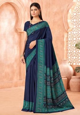 Navy Blue Printed Crepe Saree Set