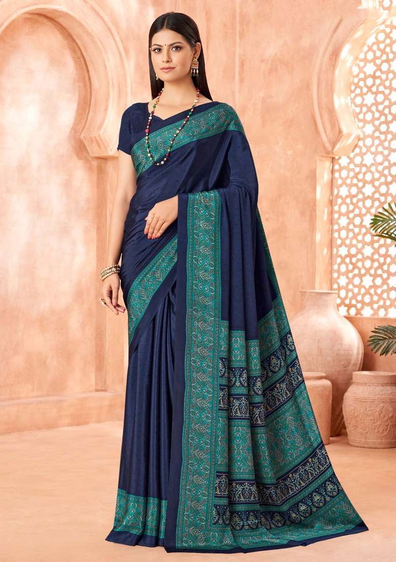 Navy Blue Printed Crepe Saree Set - Indya