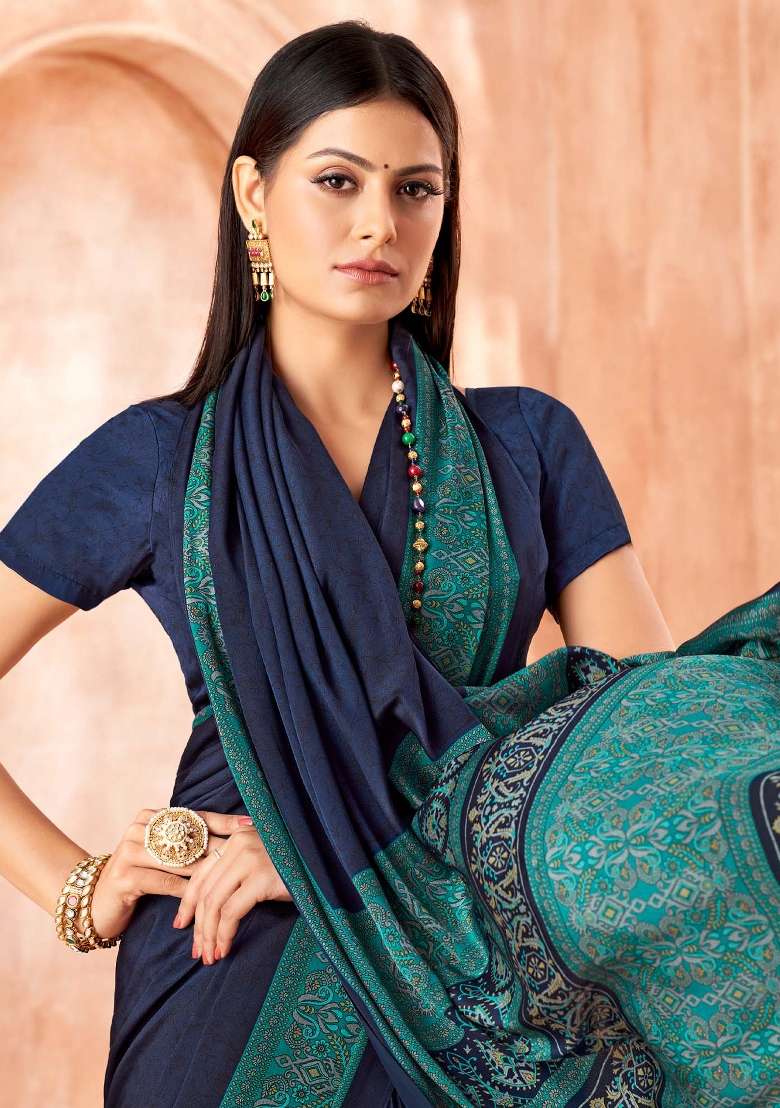 Navy Blue Printed Crepe Saree Set - Indya