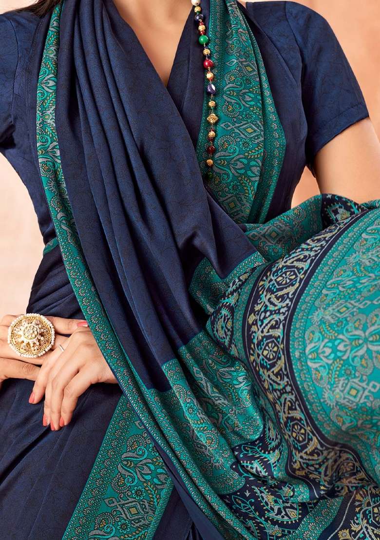 Navy Blue Printed Crepe Saree Set - Indya
