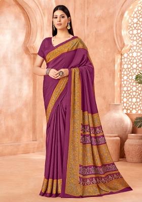 Purple Printed Crepe Saree Set