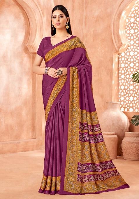 Purple Printed Crepe Saree Set — view on Indya