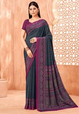 Grey Printed Crepe Saree Set