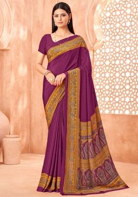 Purple Printed Crepe Saree Set