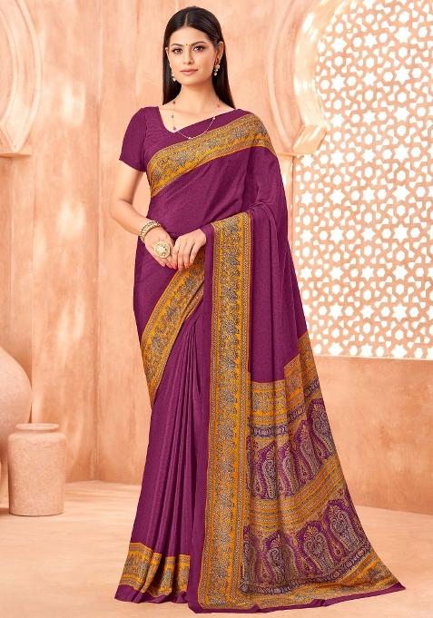 Purple Printed Crepe Saree Set — view on Indya