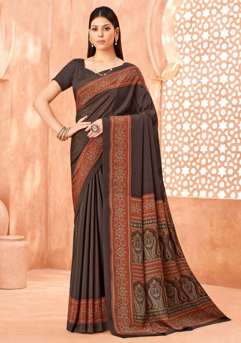 Coffee Brown Crepe Saree Set with Printed for Diwali | Wedding & Festive Wear - Indya