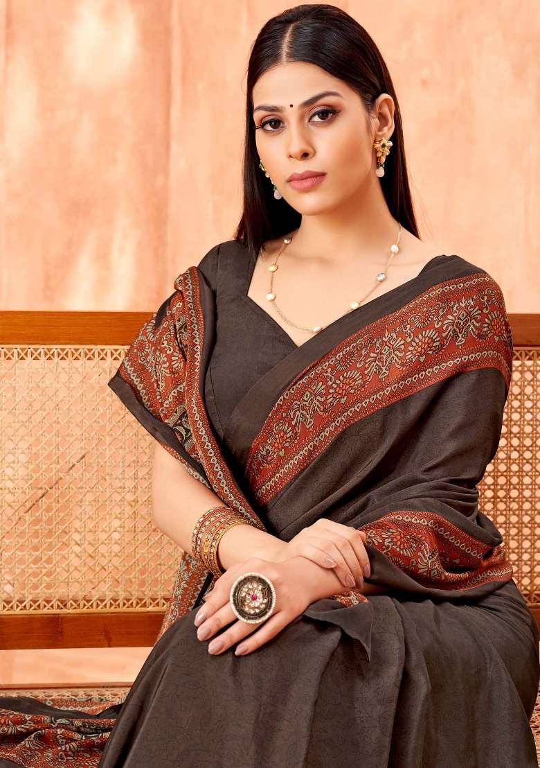 Coffee Brown Crepe Saree Set with Printed for Diwali | Wedding & Festive Wear - Indya