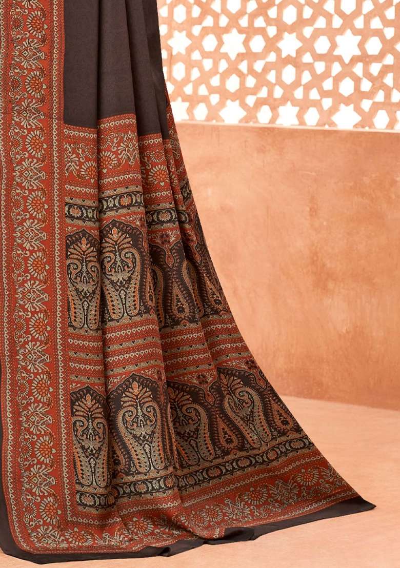 Coffee Brown Crepe Saree Set with Printed for Diwali | Wedding & Festive Wear - Indya