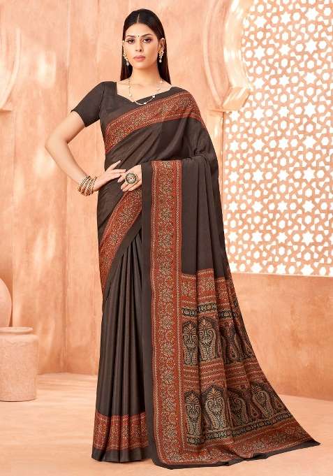Coffee Brown Crepe Saree Set with Printed for Diwali | Wedding & Festive Wear