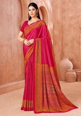 Pink Printed Crepe Saree Set