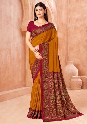 Mustard Printed Crepe Saree Set
