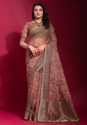 Peach Printed Linen Blend Saree Set