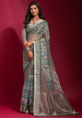 Light Blue Printed Linen Blend Saree Set