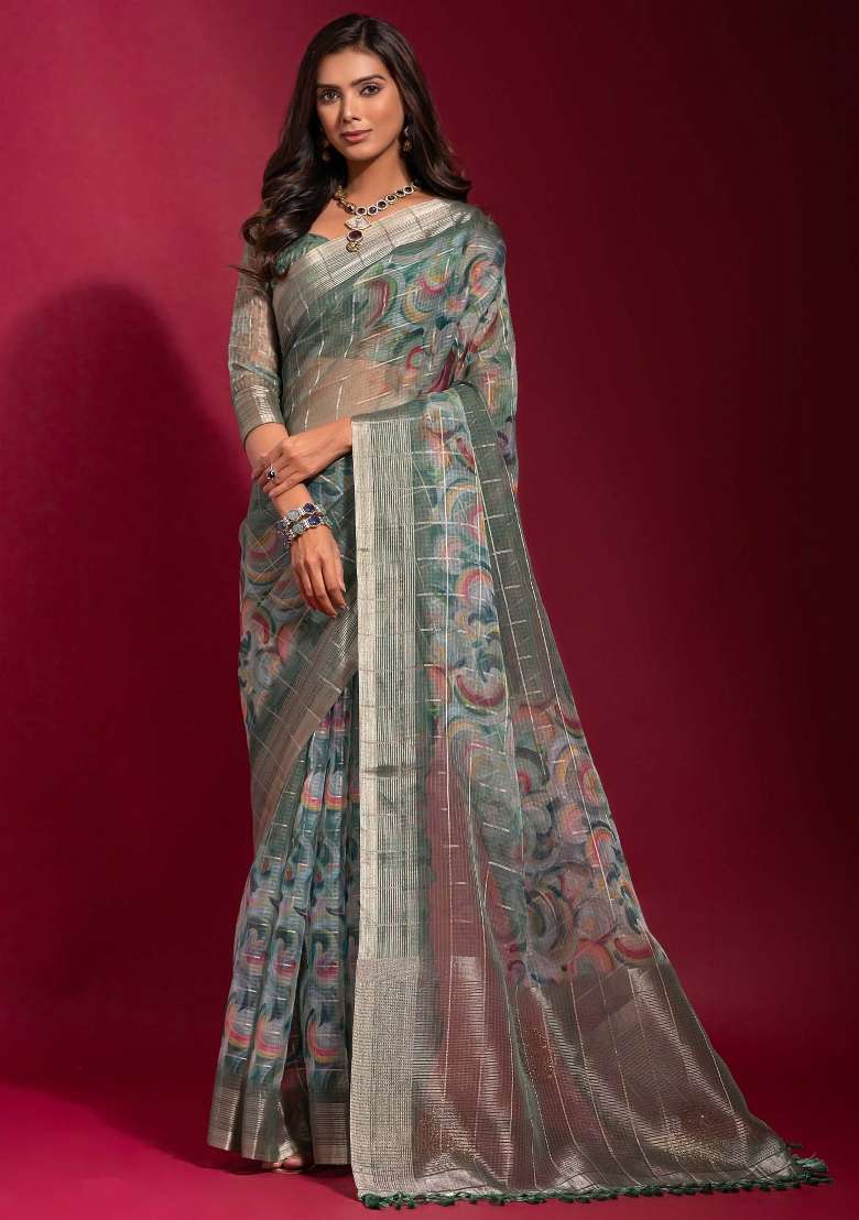 Light Blue Printed Linen Blend Saree Set for Diwali and Festive Wear - Indya