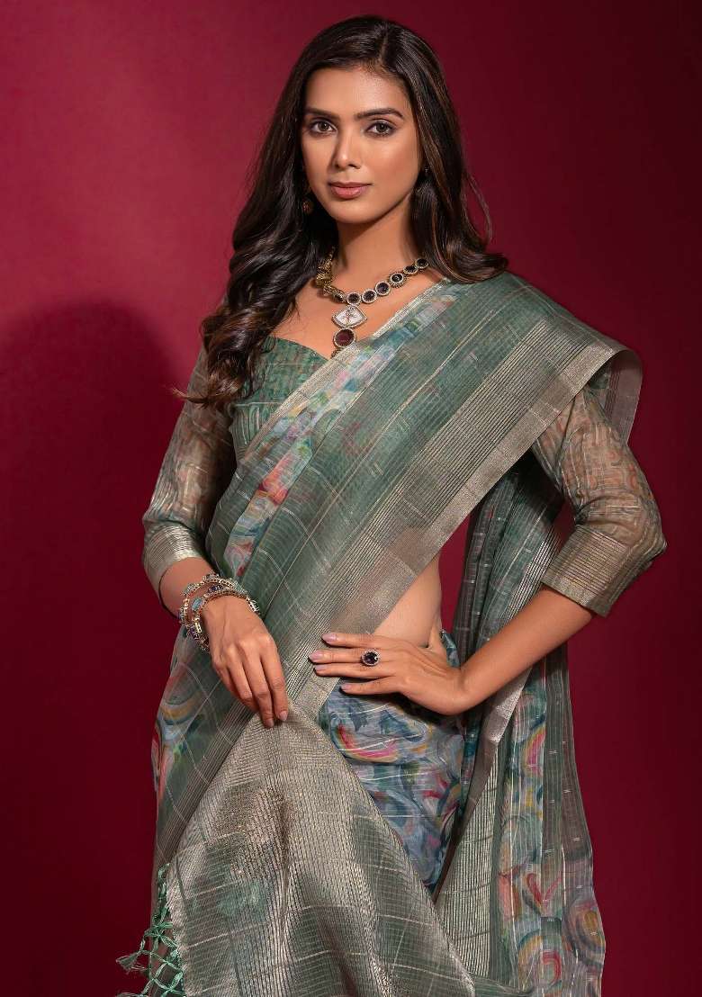 Light Blue Printed Linen Blend Saree Set for Diwali and Festive Wear - Indya