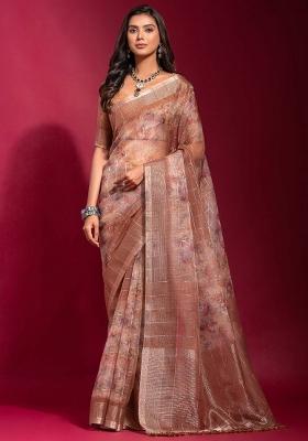 Brown Printed Linen Blend Saree Set