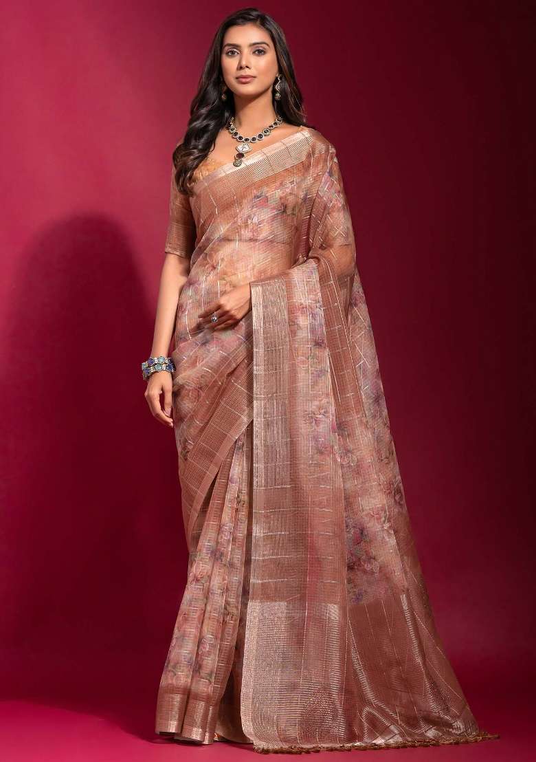 Brown Printed Linen Blend Saree Set - Indya