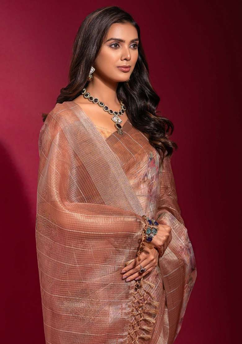 Brown Printed Linen Blend Saree Set - Indya